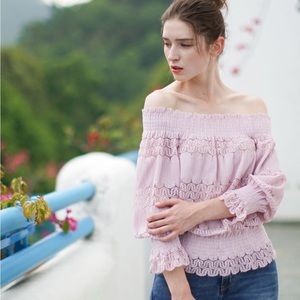 J.O.A Off The Shoulder Pointelle Lace Top In Dusty Pink Size S
